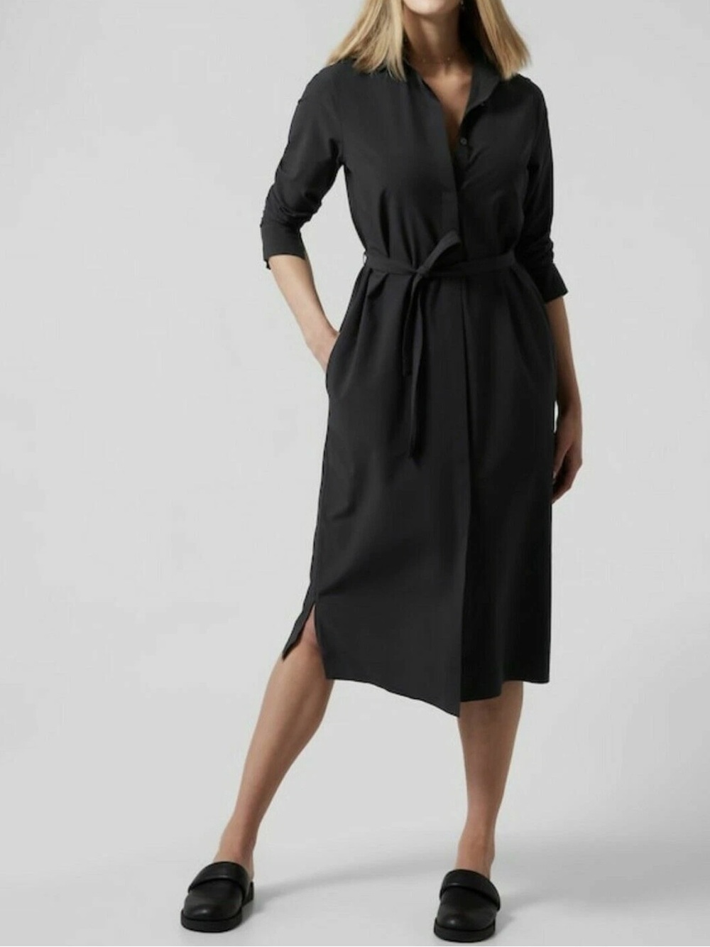Athleta Urbanite Black Shirt Dress Tie Waist Travel Commute Performance Dress